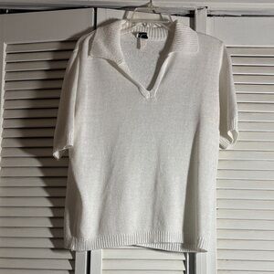 White Short-Sleeve Knit Polo Sweater